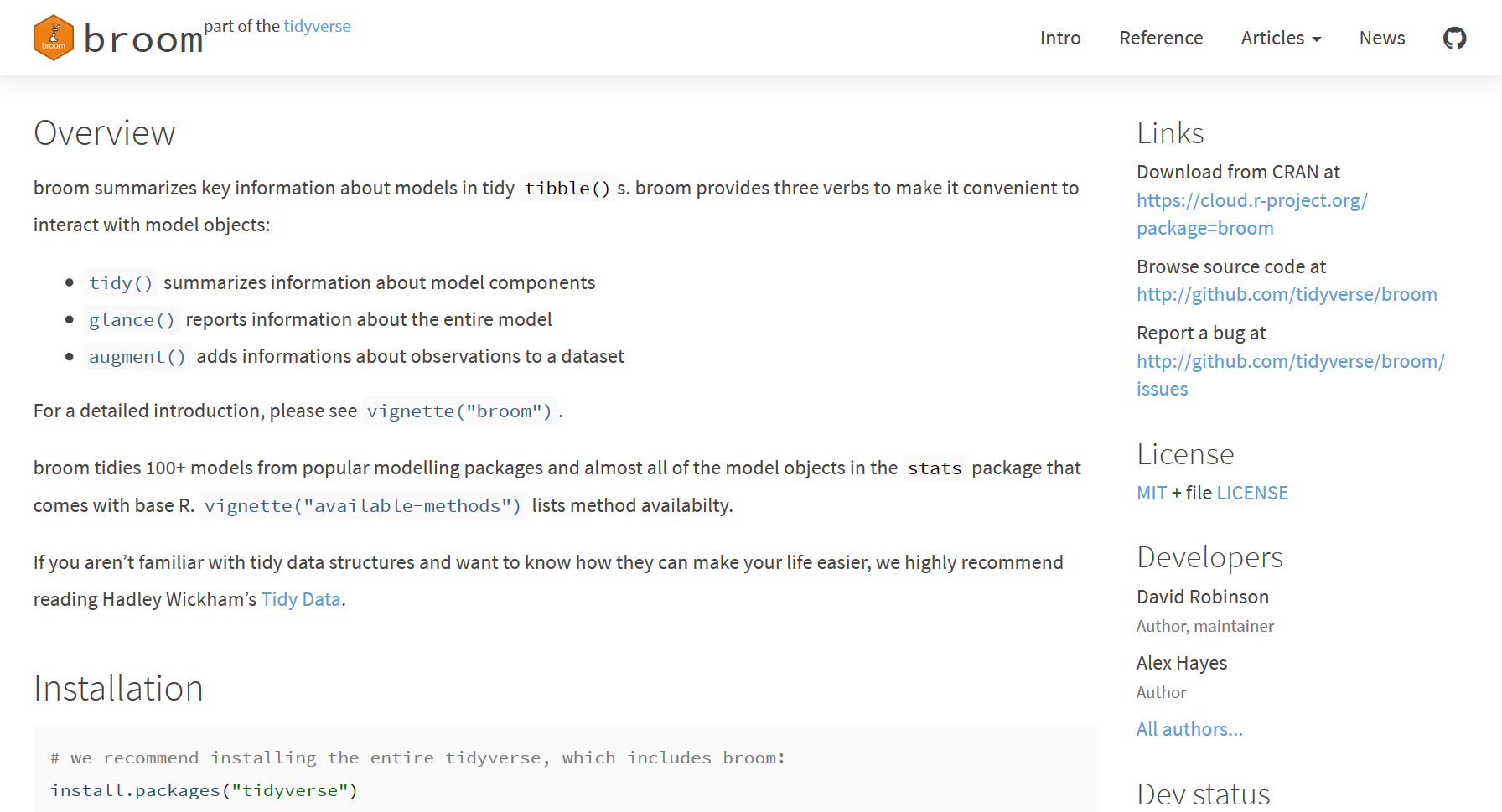 Screenshot of the broom README